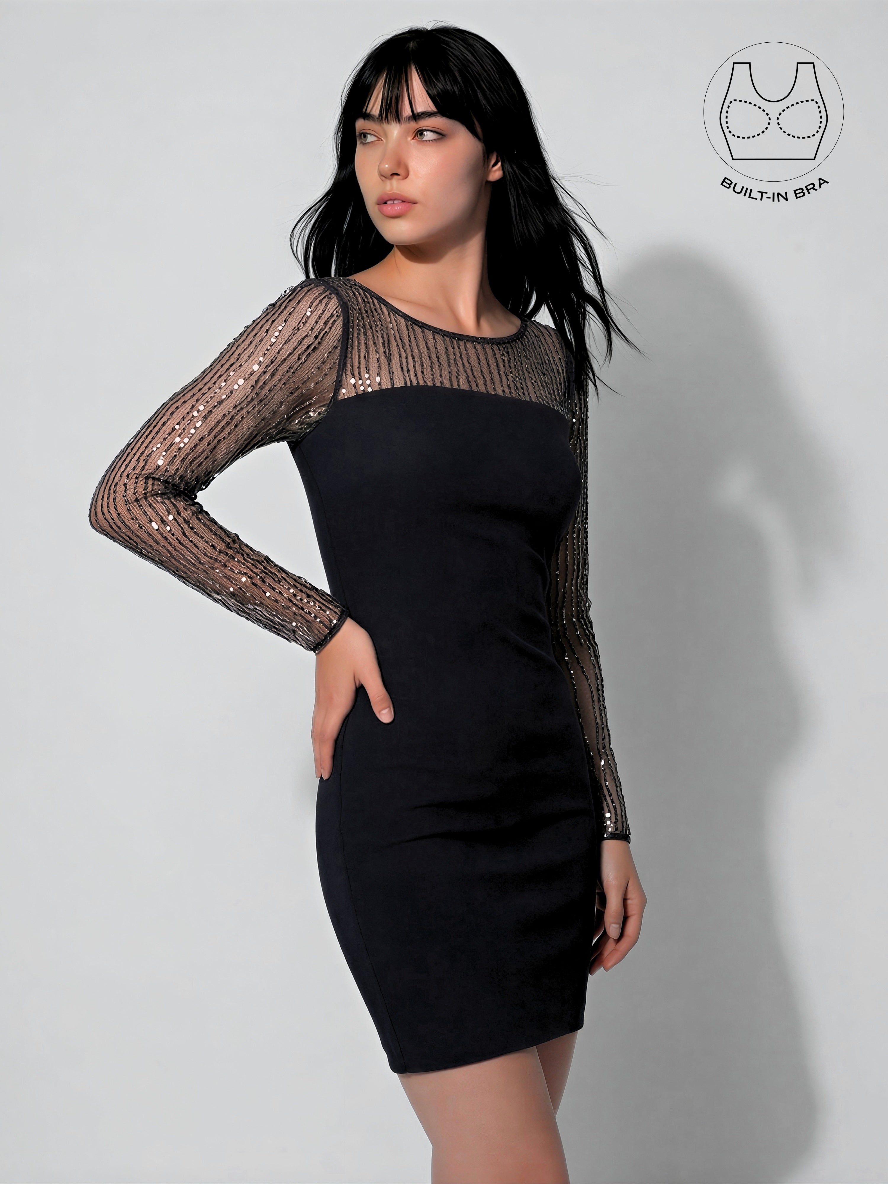 INARA BLACK BEADS & SEQUINS COCKTAIL DRESS WITH INBUILT BRA