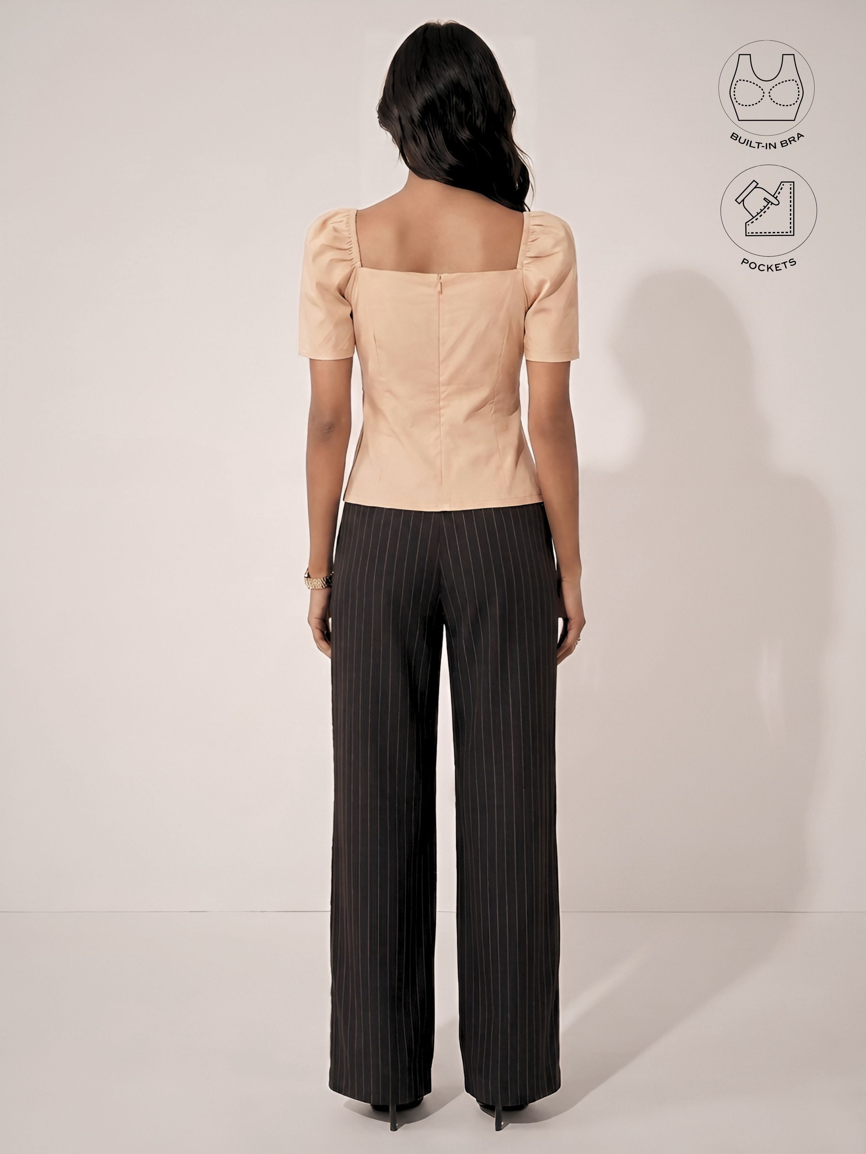 LEONIE BEIGE GATHERED SLEEVES BUTTON TOP WITH INBUILT BRA
