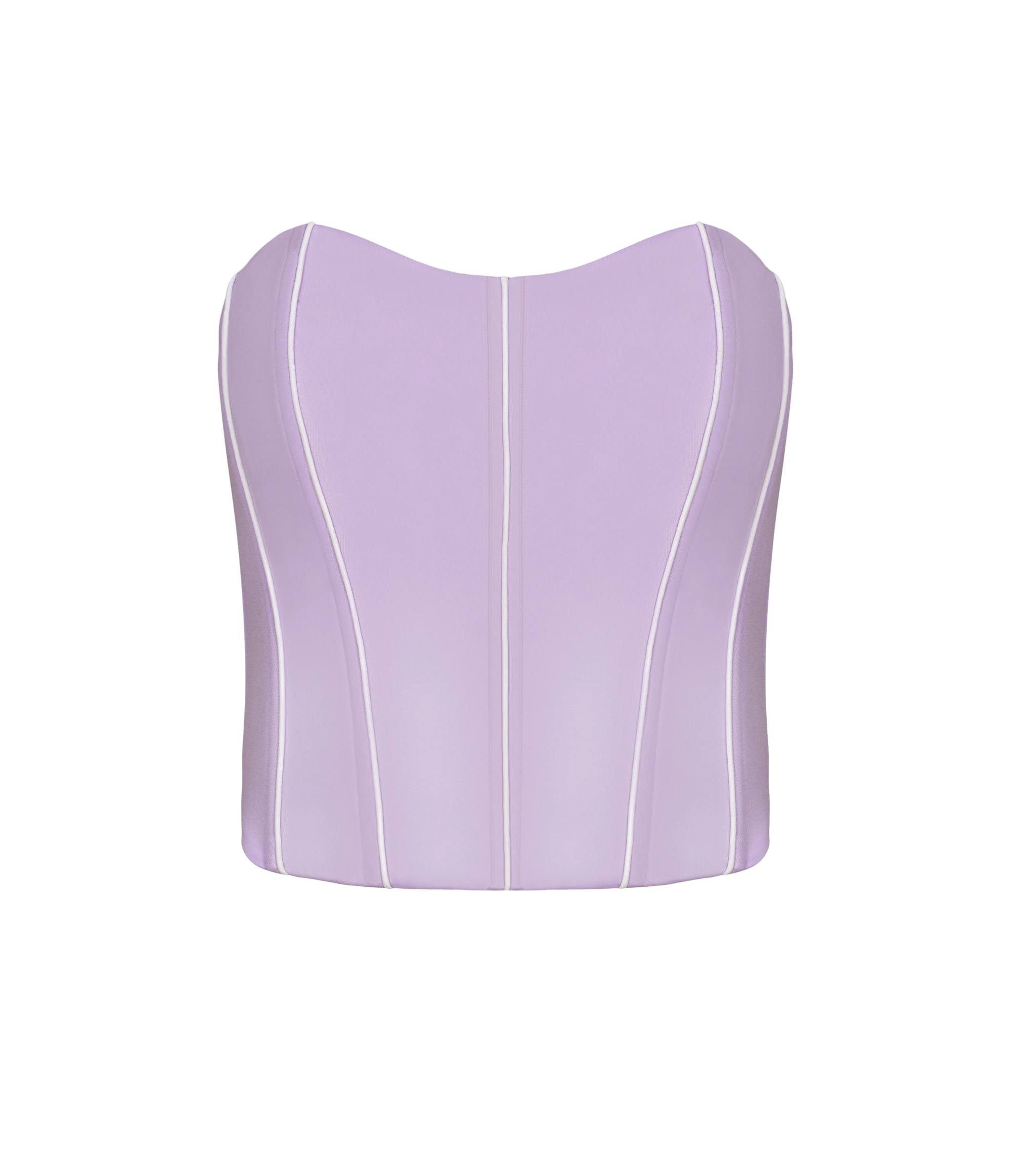 Structured lavender corset crop top with sweetheart design.
