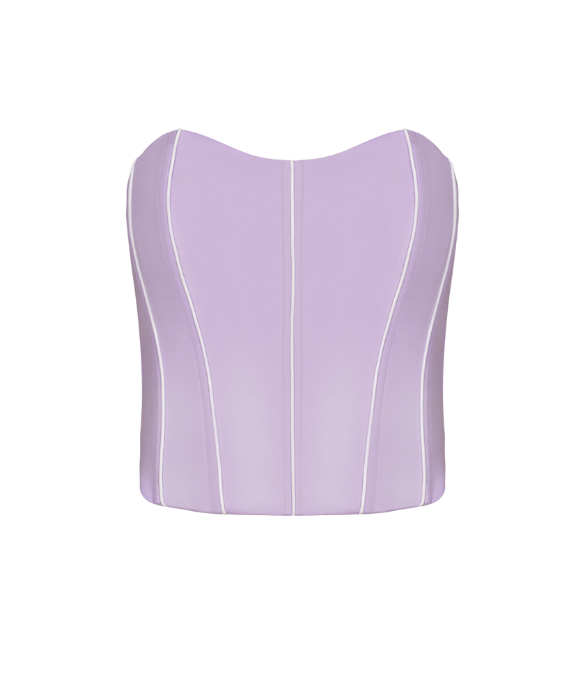 Structured lavender corset crop top with sweetheart design.
