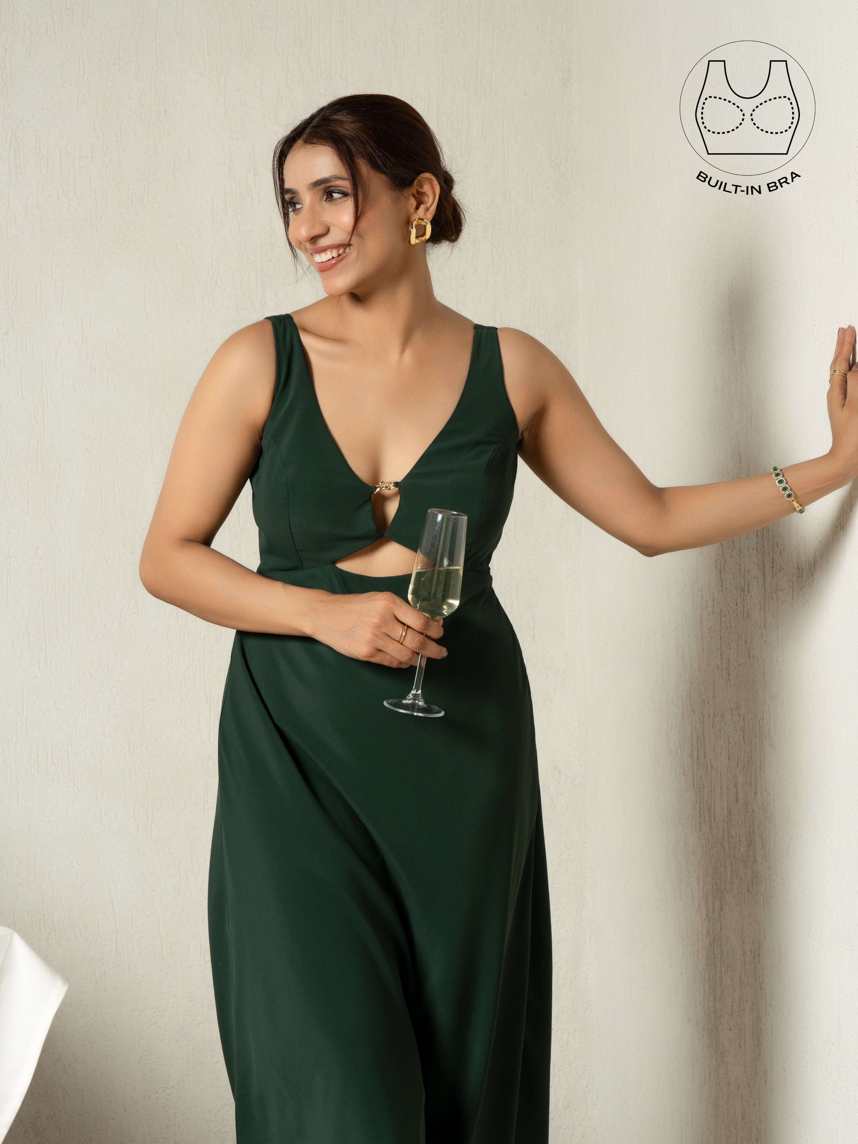 LIBERE FOREST GREEN BUCKLE CUTOUT DRESS WITH INBUILT BRA