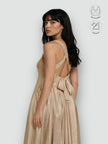 CALYPSA CHAMPAGNE GOLD SHIMMERING MAXI FLARE DRESS WITH BUILT-IN BRA