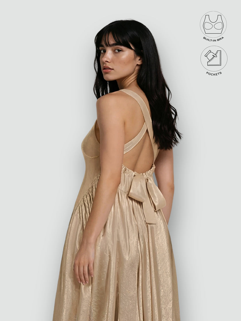 CALYPSA CHAMPAGNE GOLD SHIMMERING MAXI FLARE DRESS WITH BUILT-IN BRA