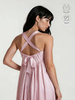 CALYPSA BABY PINK SHIMMERING MAXI FLARE DRESS WITH BUILT-IN BRA