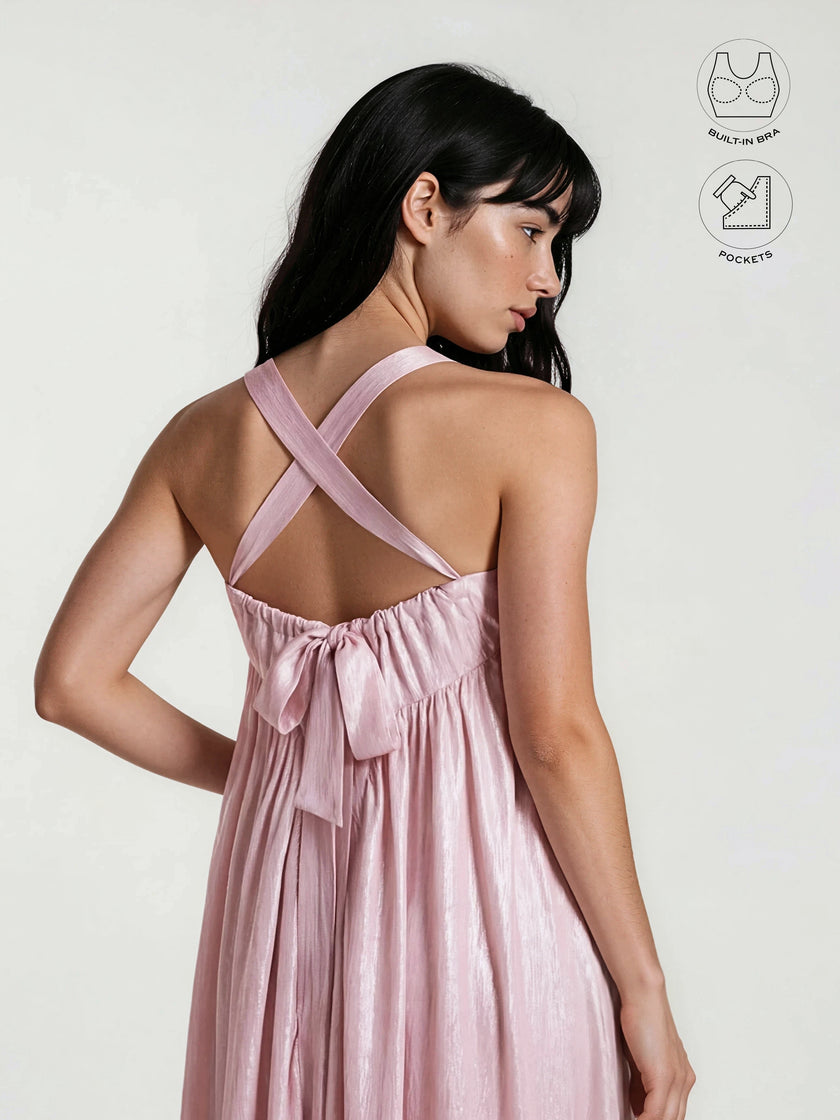 CALYPSA BABY PINK SHIMMERING MAXI FLARE DRESS WITH BUILT-IN BRA