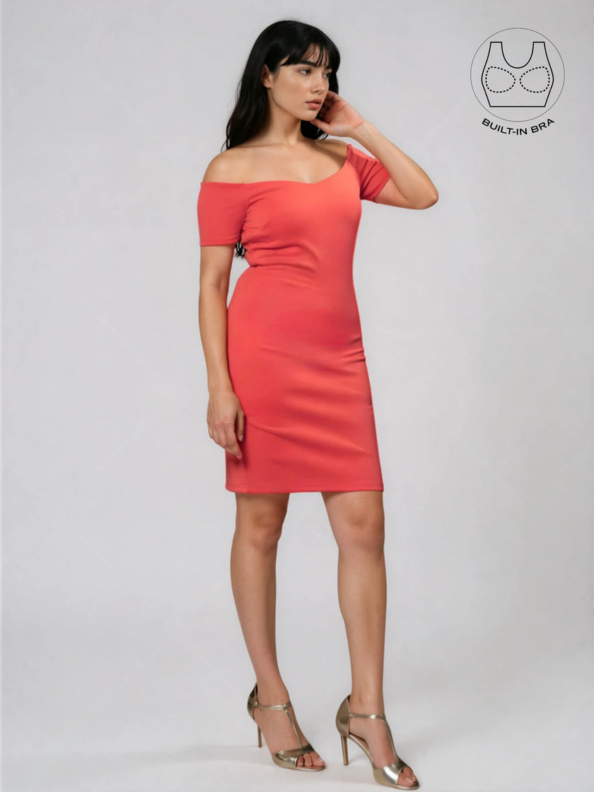 VARIE CORAL PINK BARDOT OFF-SHOULDER PARTY DRESS WITH INBUILT BRA
