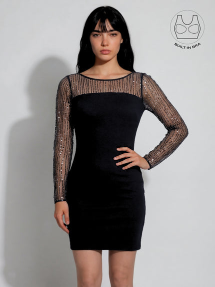 INARA BLACK BEADS & SEQUINS COCKTAIL DRESS WITH INBUILT BRA