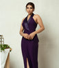 Women’s purple floor-length gown with satin lapel collar.

