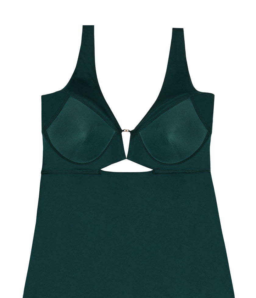 Stylish buckle cutout party dress in forest green shade.
