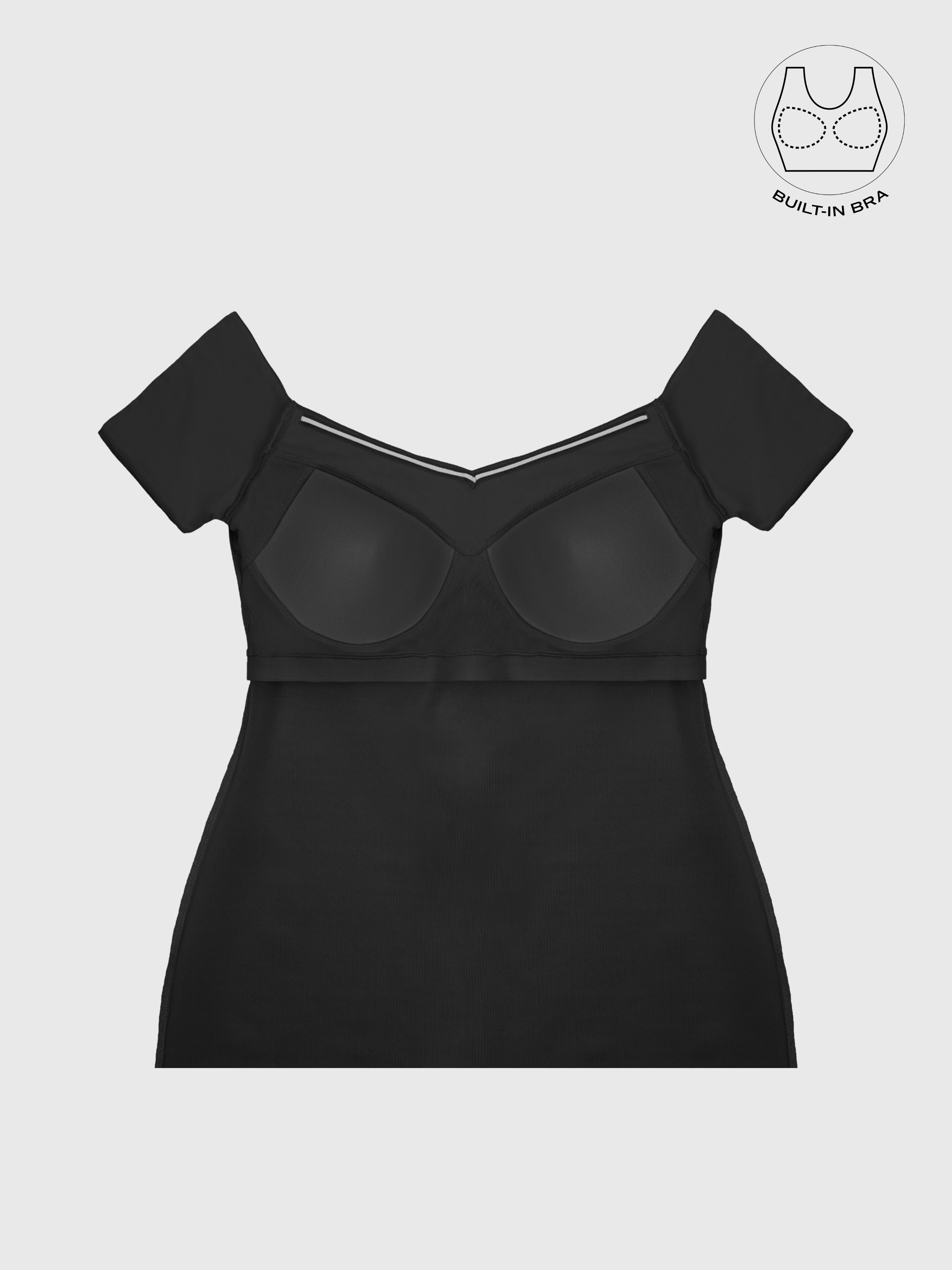 VARIE BLACK BARDOT OFF-SHOULDER PARTY DRESS WITH INBUILT BRA