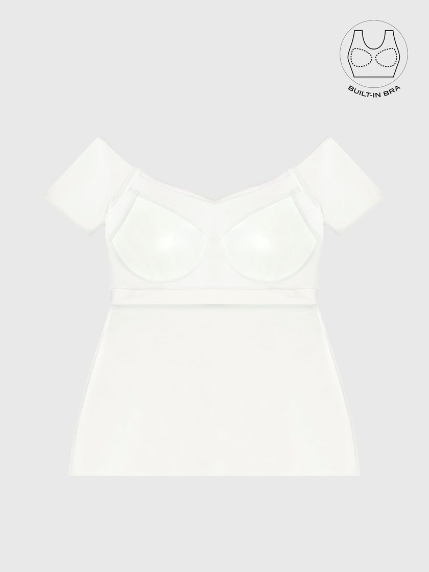 VARIE IVORY BARDOT OFF-SHOULDER PARTY DRESS WITH INBUILT BRA