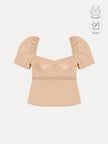 LEONIE BEIGE GATHERED SLEEVES BUTTON TOP WITH INBUILT BRA