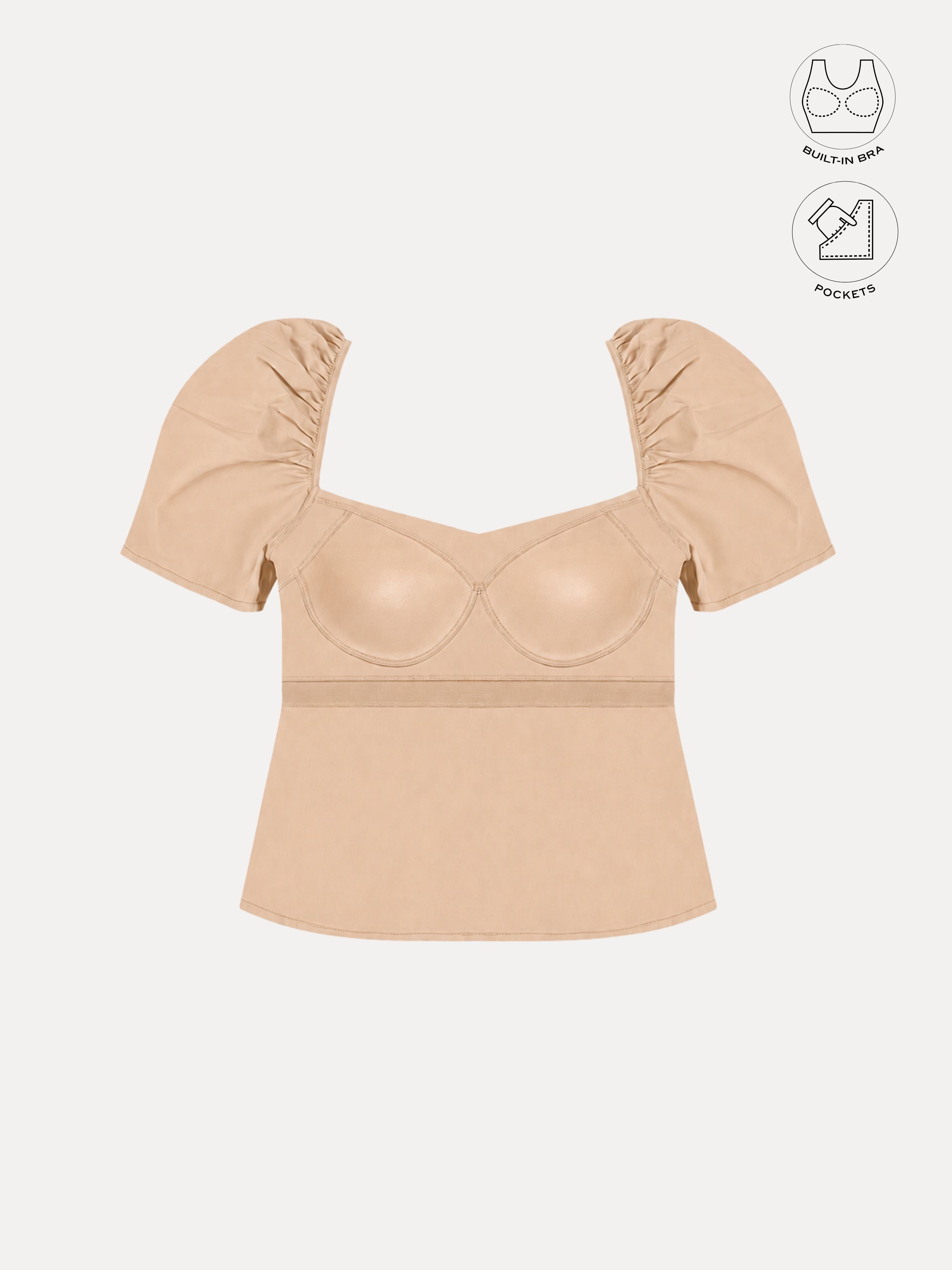 LEONIE BEIGE GATHERED SLEEVES BUTTON TOP WITH INBUILT BRA