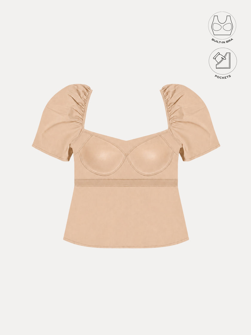 LEONIE BEIGE GATHERED SLEEVES BUTTON TOP WITH INBUILT BRA