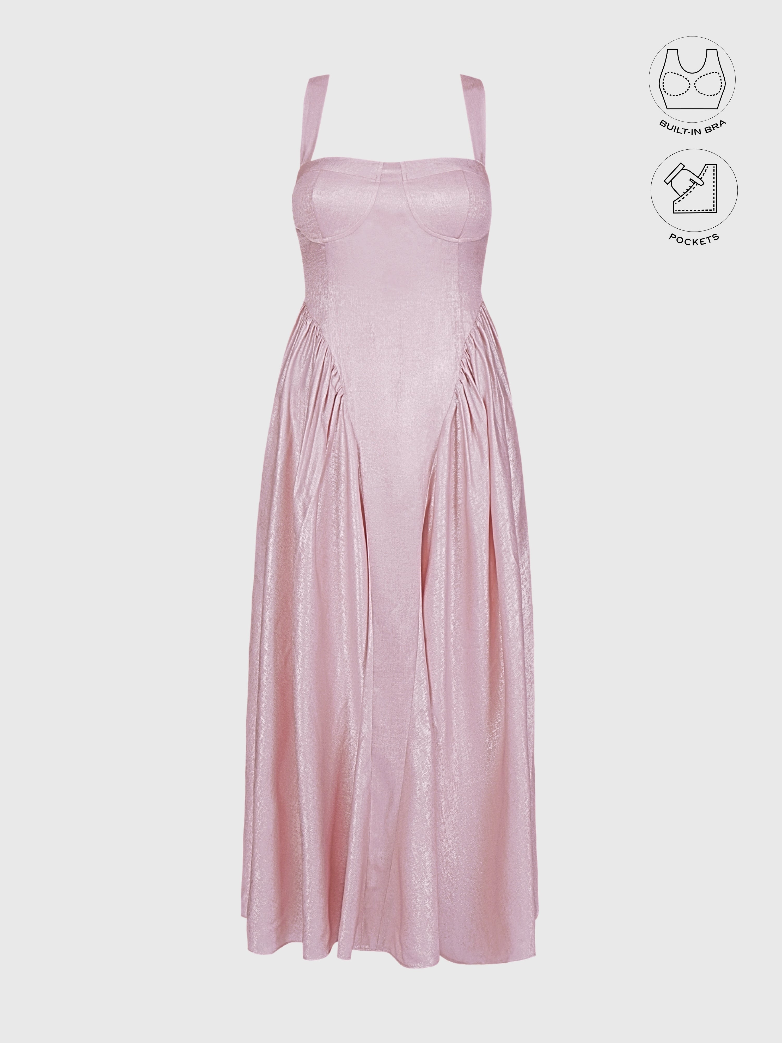 CALYPSA BABY PINK SHIMMERING MAXI FLARE DRESS WITH BUILT-IN BRA