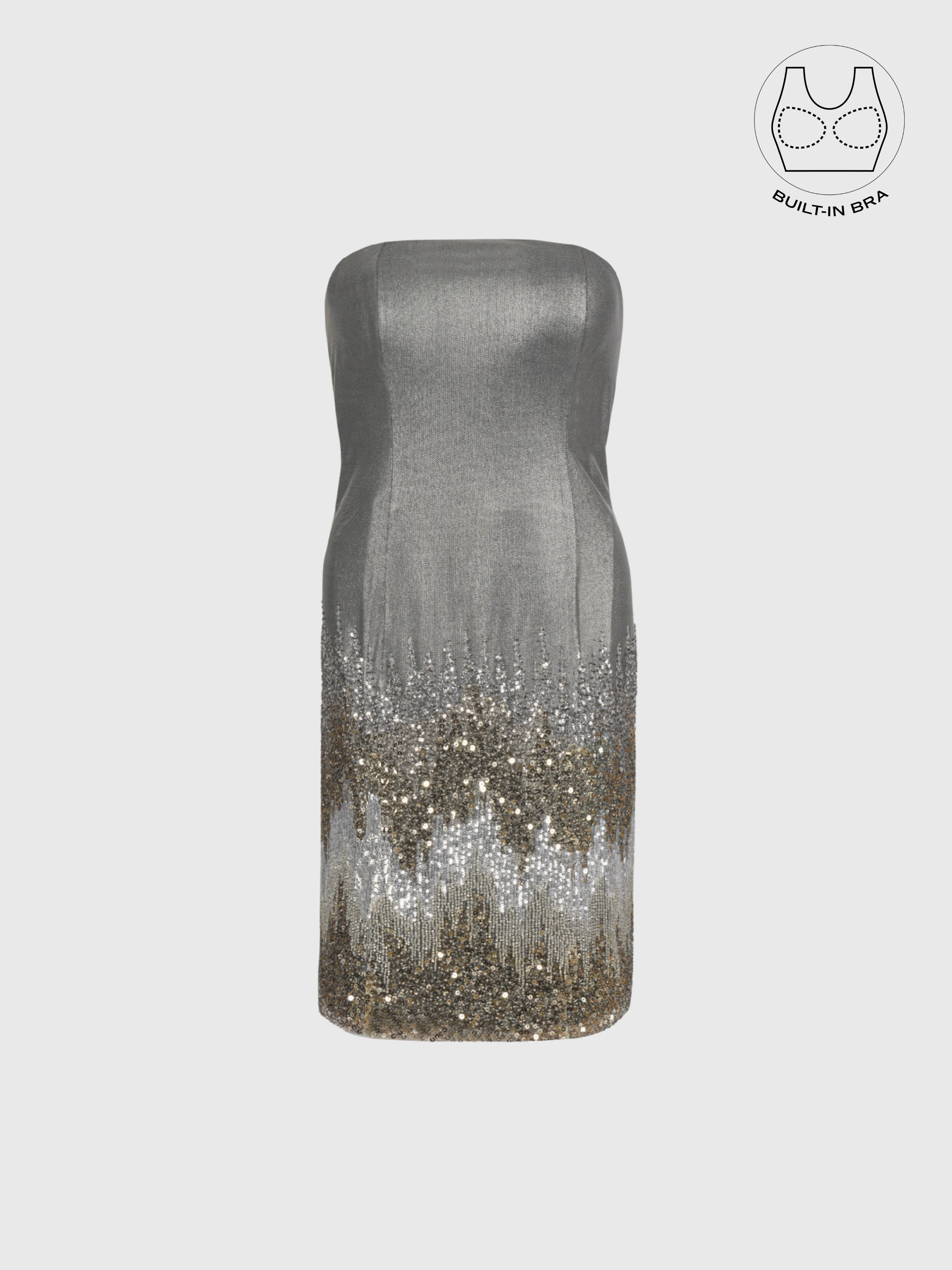 TATIANA METALLIC GOLD EMBROIDERED COCKTAIL DRESS WITH BUILT-IN BRA