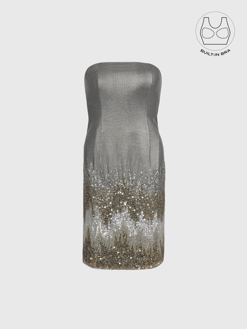 TATIANA METALLIC GOLD EMBROIDERED COCKTAIL DRESS WITH BUILT-IN BRA