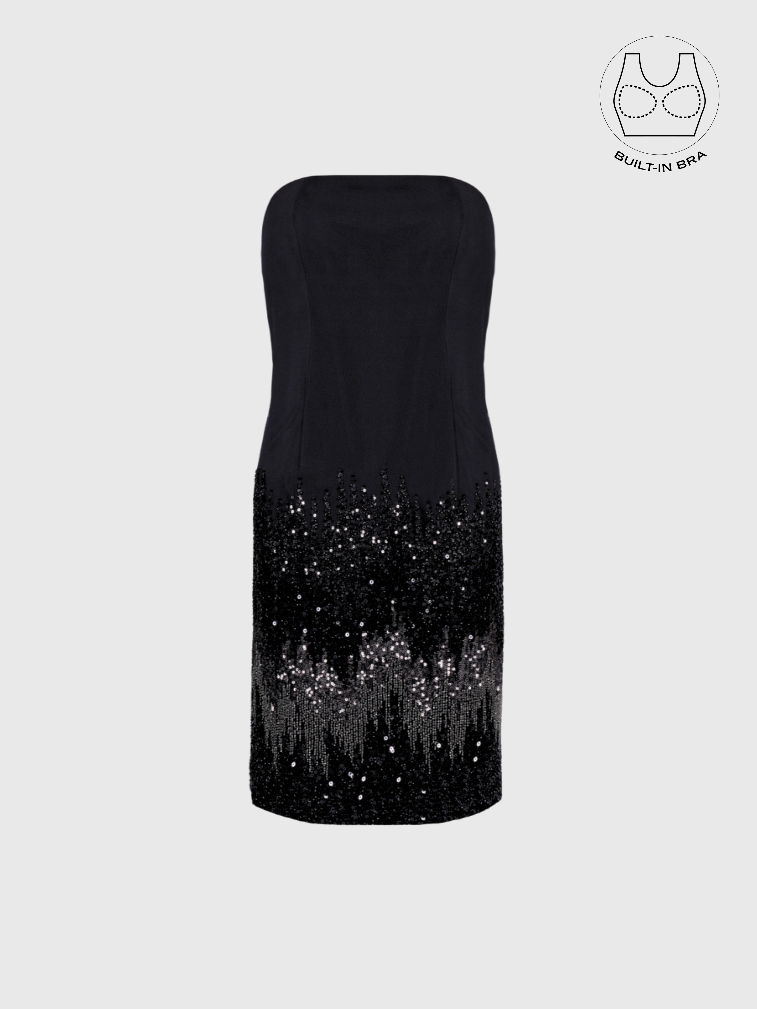 TATIANA BLACK STRAPLESS EMBROIDERED COCKTAIL DRESS WITH BUILT-IN BRA