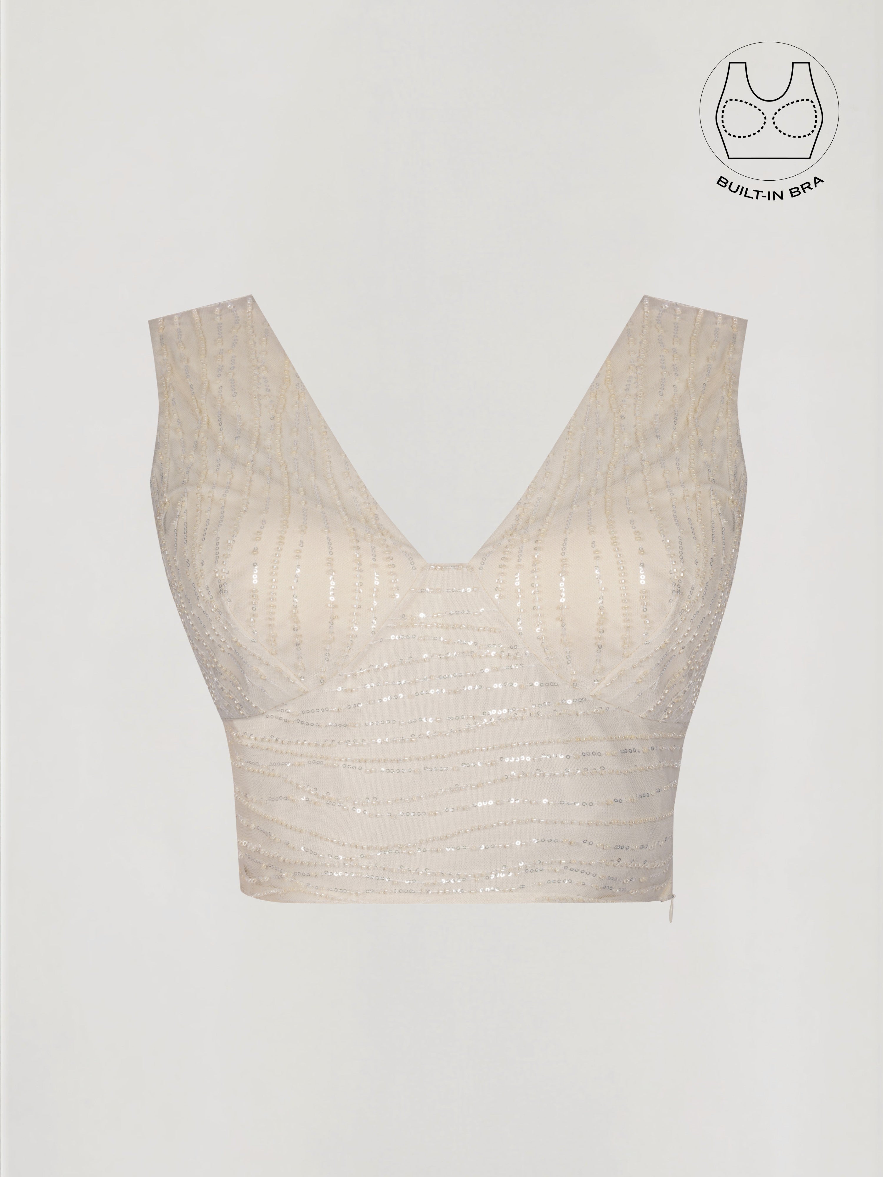ASTRA IVORY BEADS & SEQUINS CROP TOP WITH INBUILT BRA