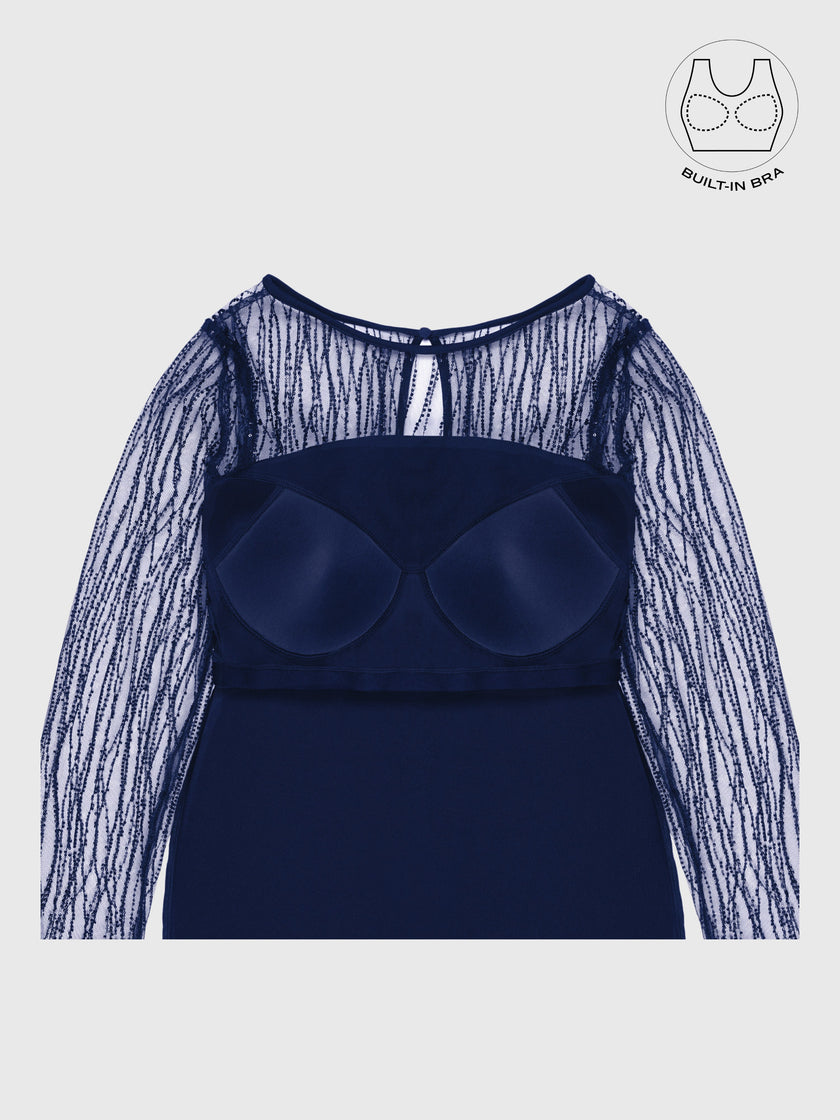 INARA NAVY BLUE BEADS & SEQUINS COCKTAIL DRESS WITH INBUILT BRA