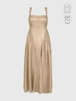 CALYPSA CHAMPAGNE GOLD SHIMMERING MAXI FLARE DRESS WITH BUILT-IN BRA