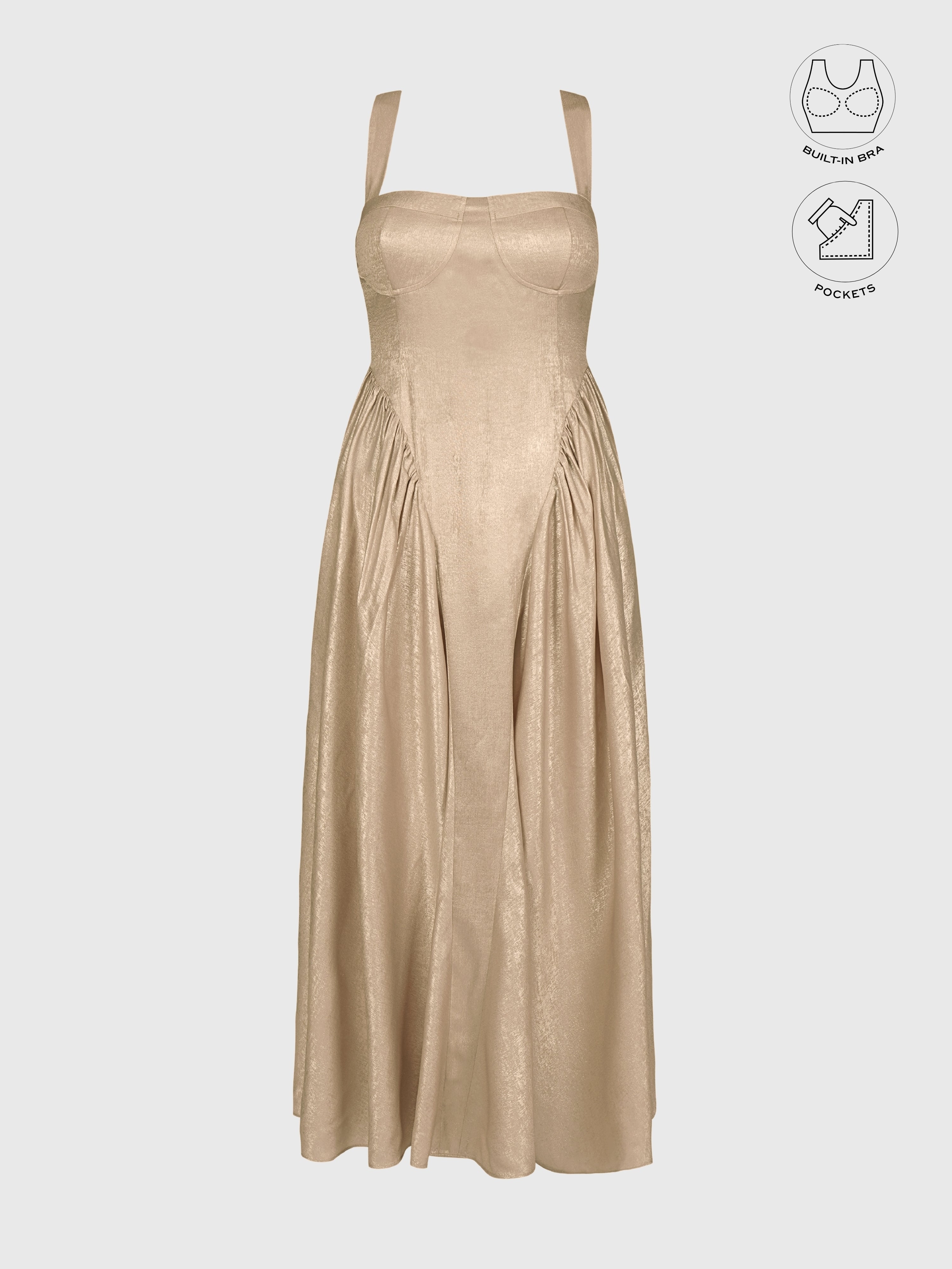 CALYPSA CHAMPAGNE GOLD SHIMMERING MAXI FLARE DRESS WITH BUILT-IN BRA