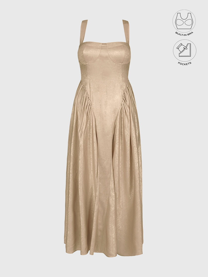 CALYPSA CHAMPAGNE GOLD SHIMMERING MAXI FLARE DRESS WITH BUILT-IN BRA