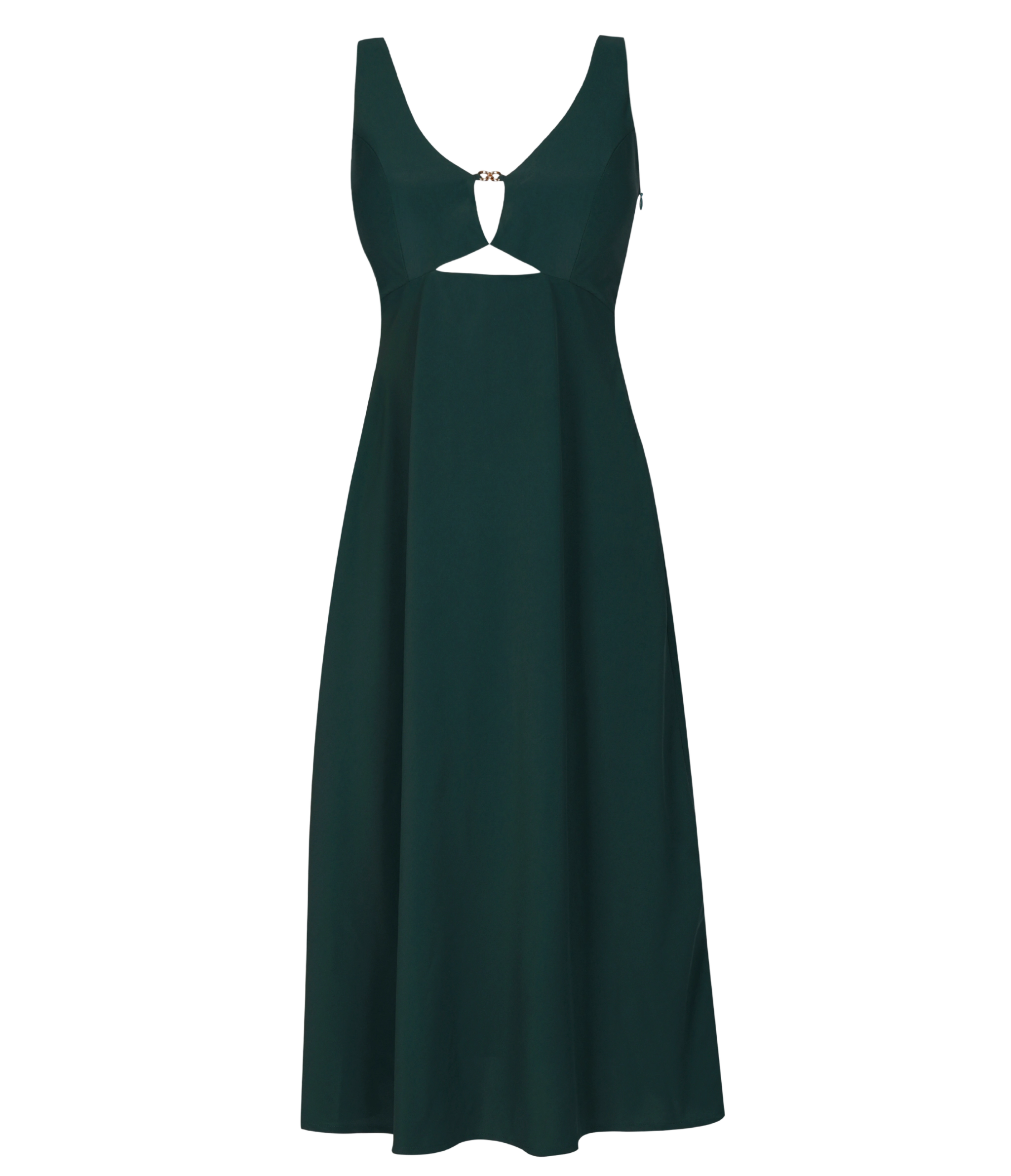 Women’s crepe green padded dress with chic gold detailing.
