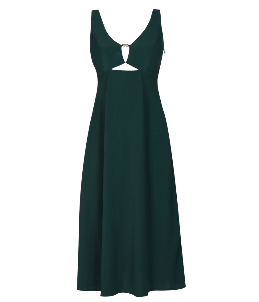 Women’s crepe green padded dress with chic gold detailing.
