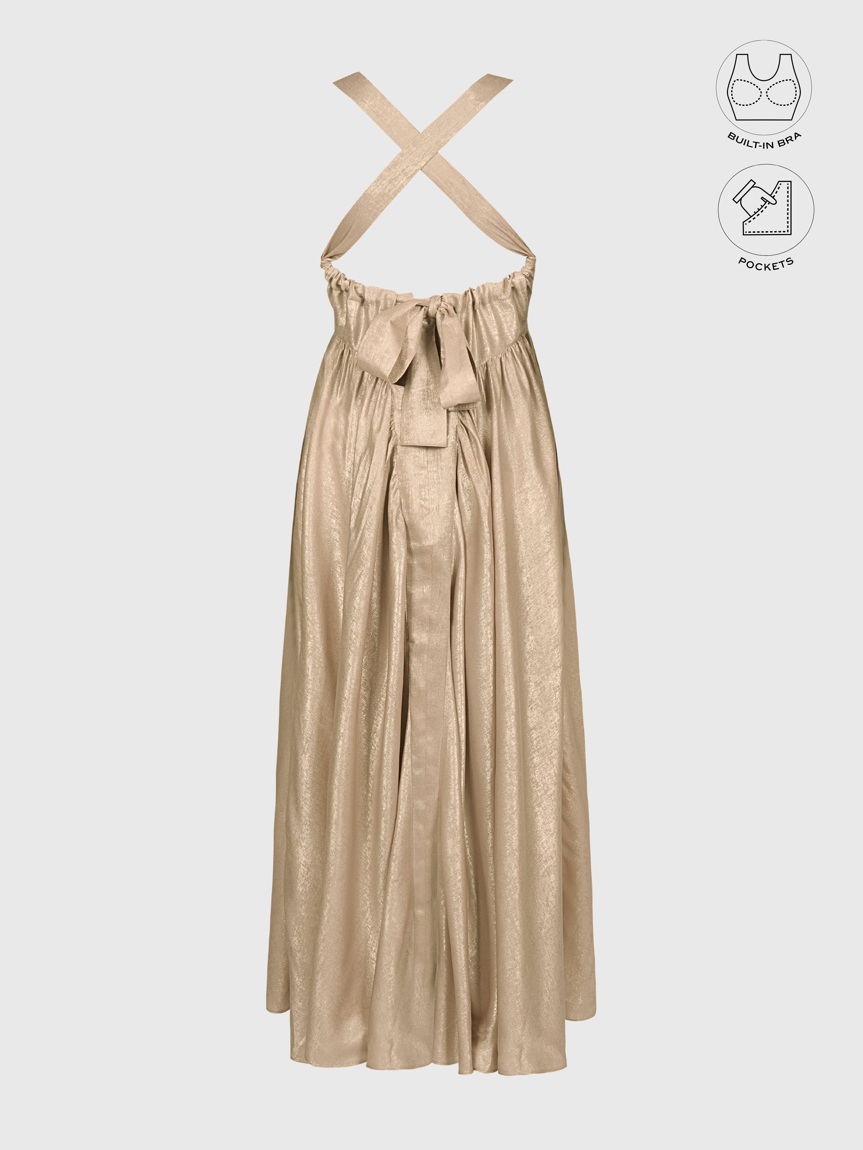 CALYPSA CHAMPAGNE GOLD SHIMMERING MAXI FLARE DRESS WITH BUILT-IN BRA