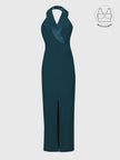 FORTE CRYSTAL TEAL STRUCTURED COLLAR GOWN WITH INBUILT BRA