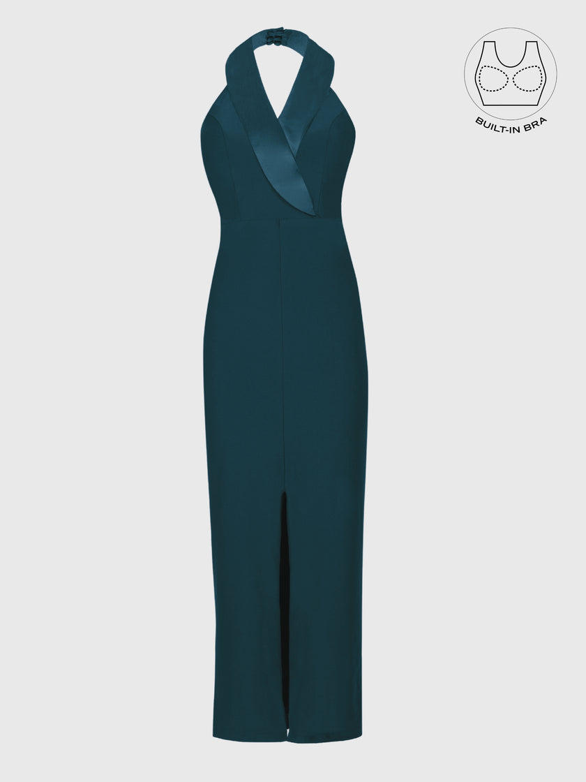 FORTE CRYSTAL TEAL STRUCTURED COLLAR GOWN WITH INBUILT BRA