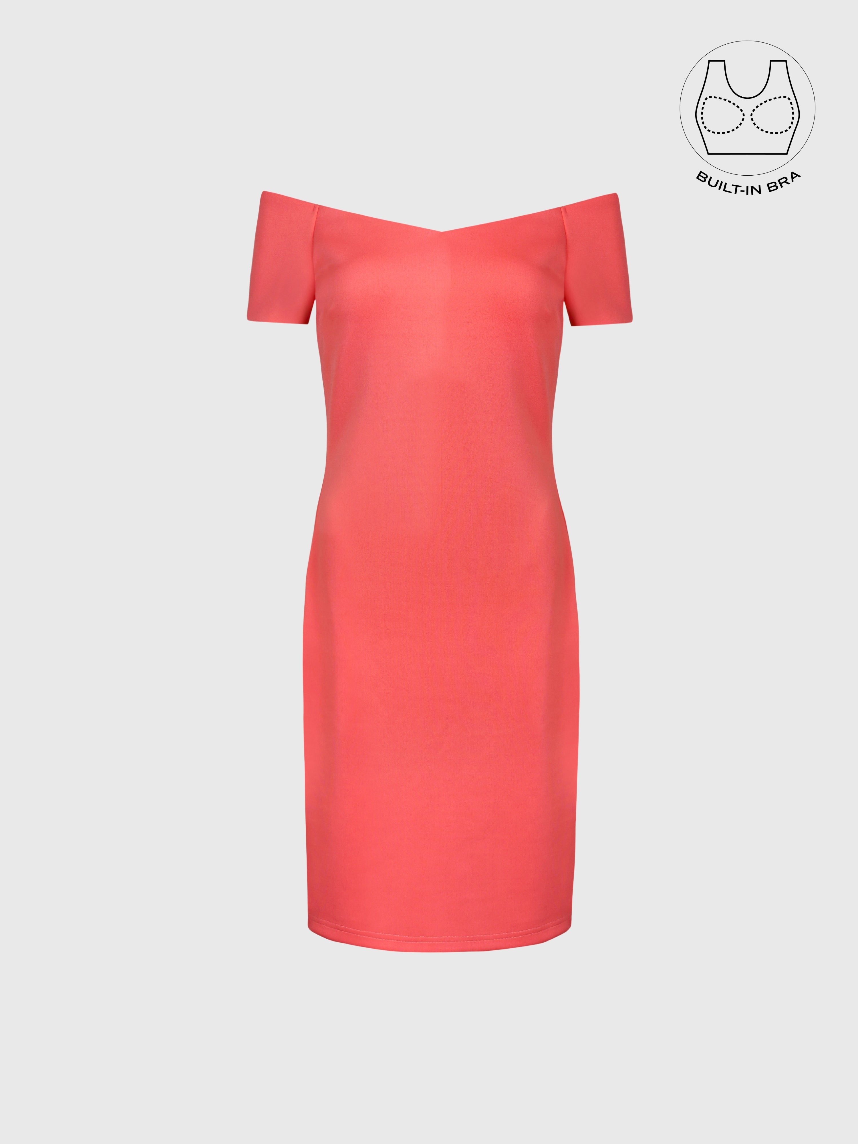 VARIE CORAL PINK BARDOT OFF-SHOULDER PARTY DRESS WITH INBUILT BRA