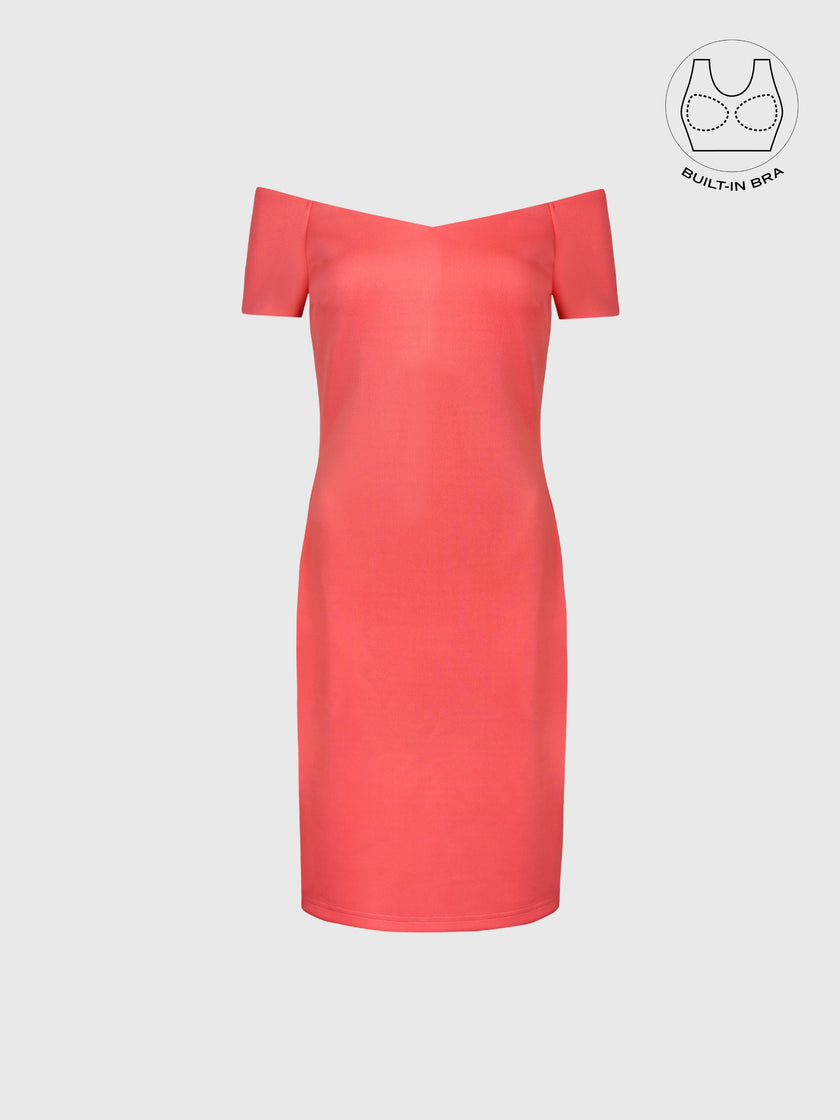 VARIE CORAL PINK BARDOT OFF-SHOULDER PARTY DRESS WITH INBUILT BRA