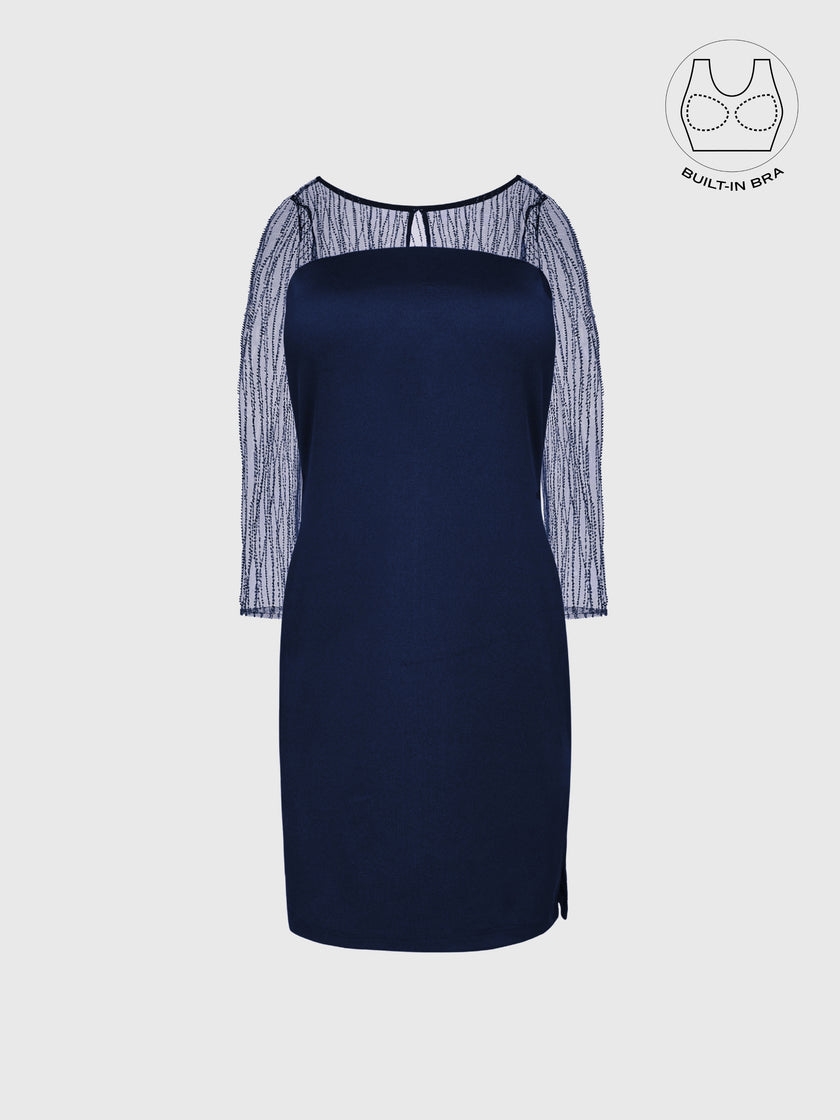 INARA NAVY BLUE BEADS & SEQUINS COCKTAIL DRESS WITH INBUILT BRA