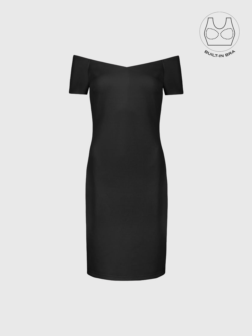 VARIE BLACK BARDOT OFF-SHOULDER PARTY DRESS WITH INBUILT BRA