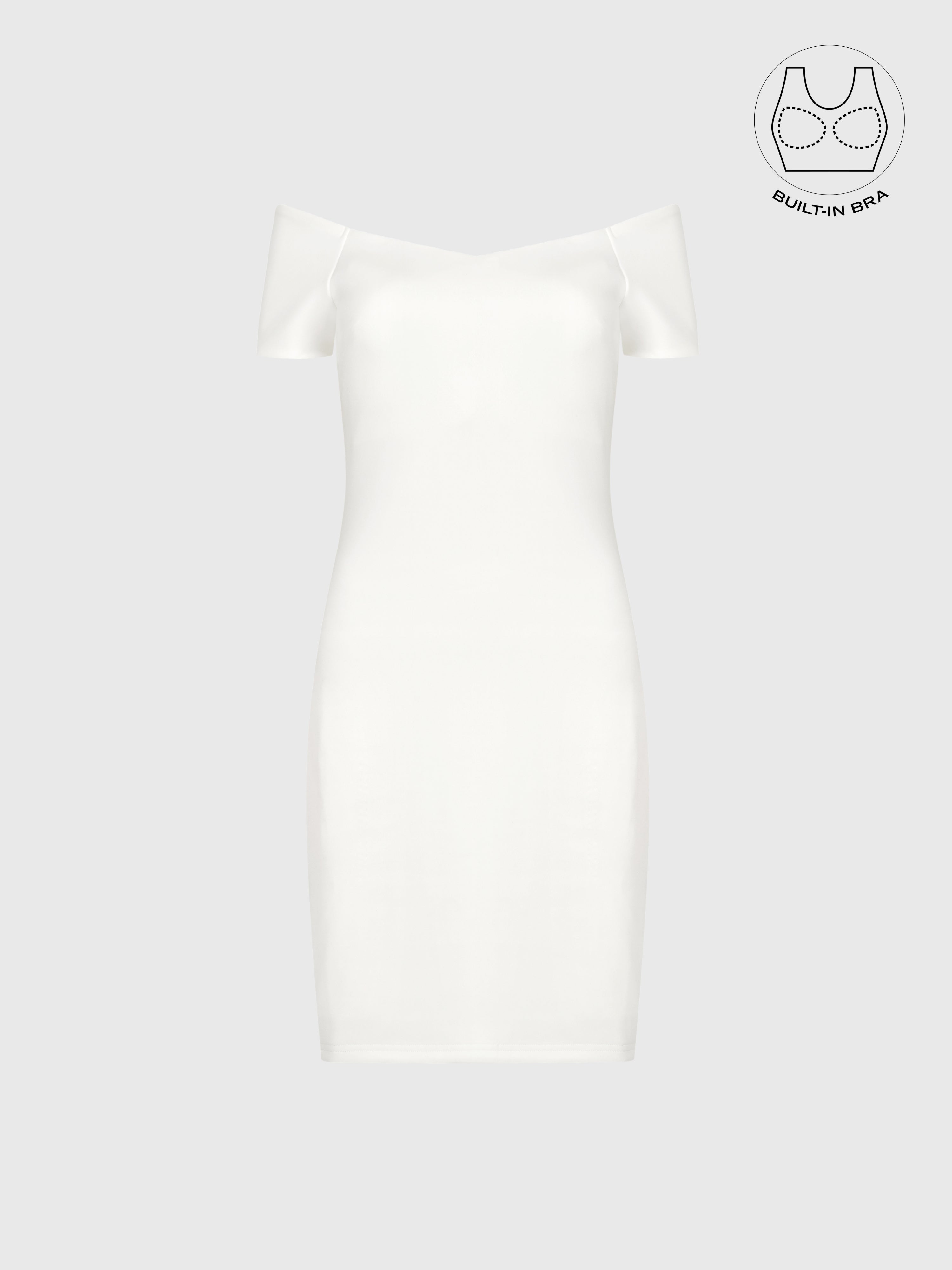 VARIE IVORY BARDOT OFF-SHOULDER PARTY DRESS WITH INBUILT BRA