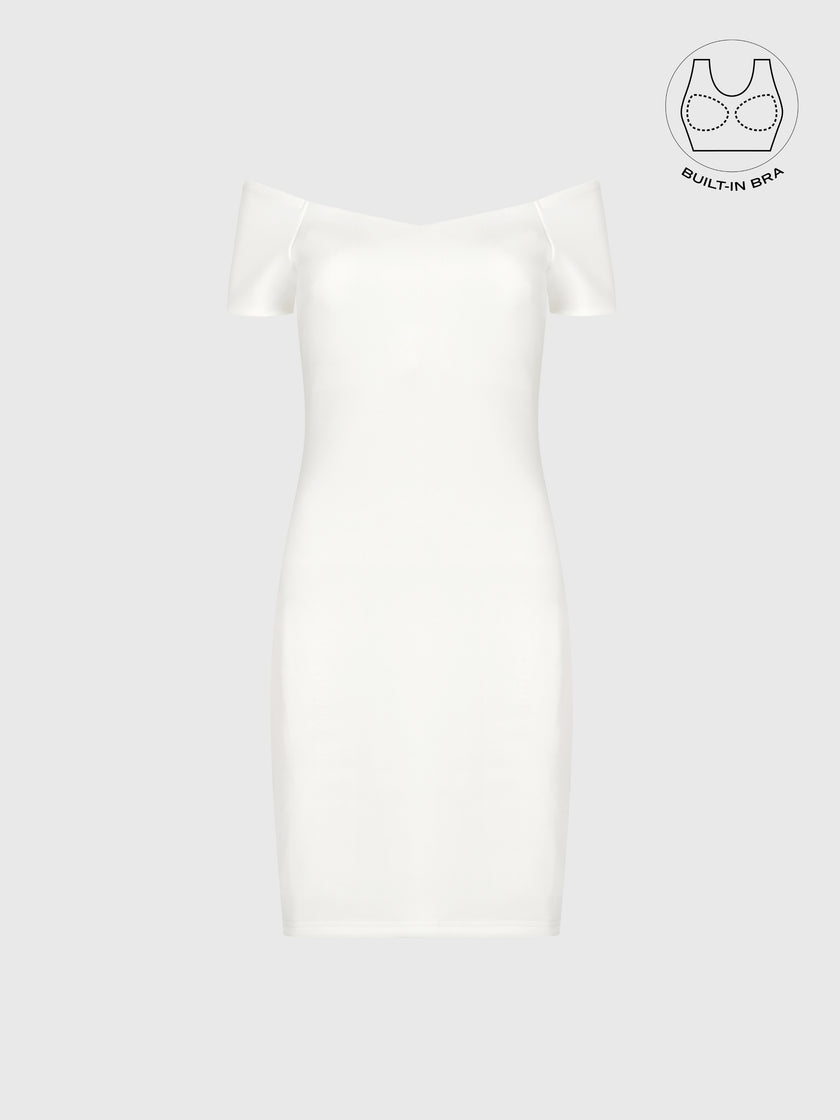 VARIE IVORY BARDOT OFF-SHOULDER PARTY DRESS WITH INBUILT BRA