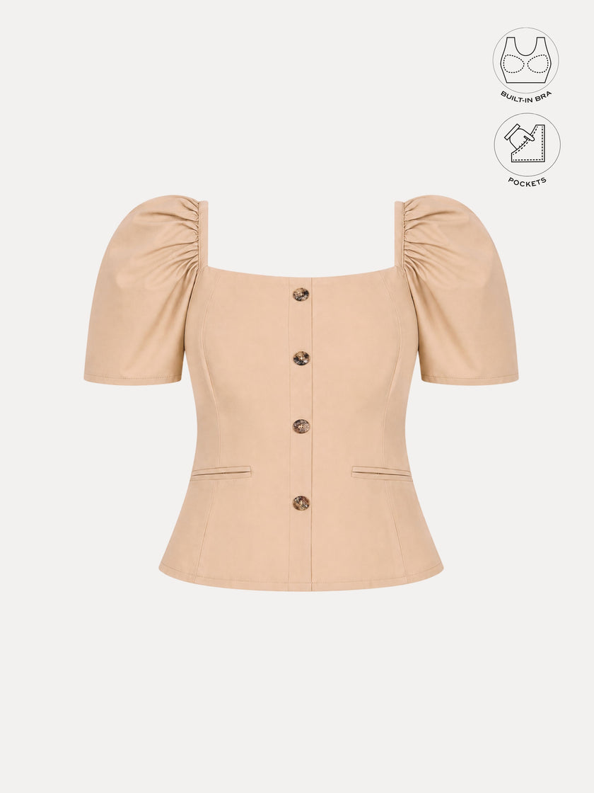LEONIE BEIGE GATHERED SLEEVES BUTTON TOP WITH INBUILT BRA