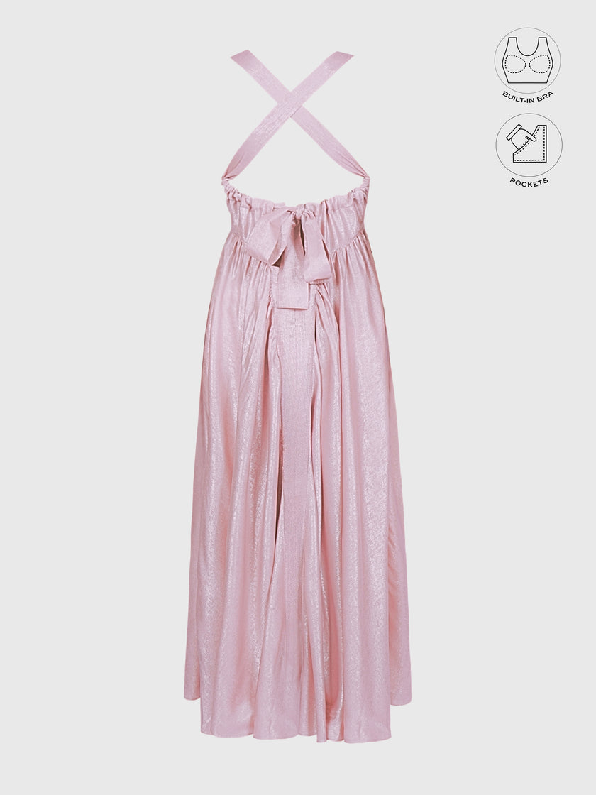 CALYPSA BABY PINK SHIMMERING MAXI FLARE DRESS WITH BUILT-IN BRA