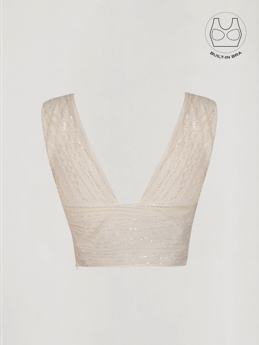 ASTRA IVORY BEADS & SEQUINS CROP TOP WITH INBUILT BRA