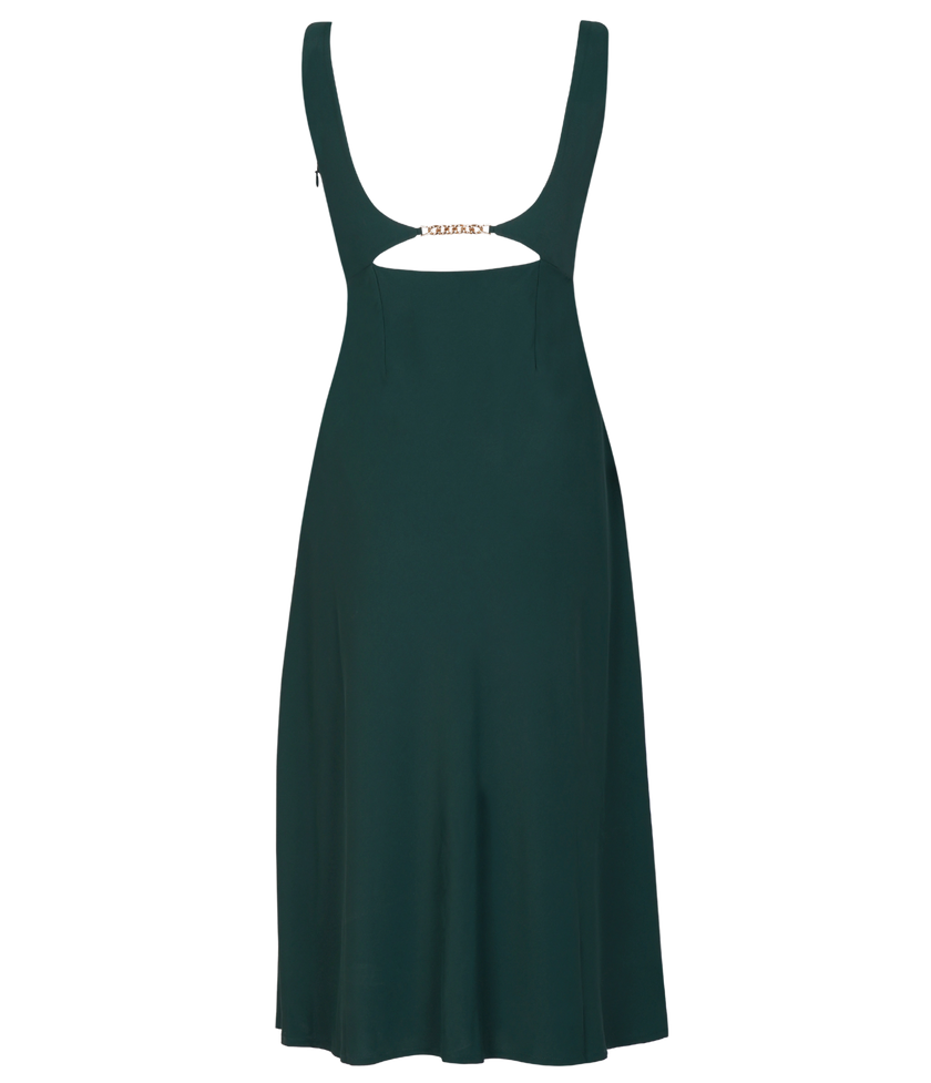Libere green buckle dress with inbuilt bra for evening style.

