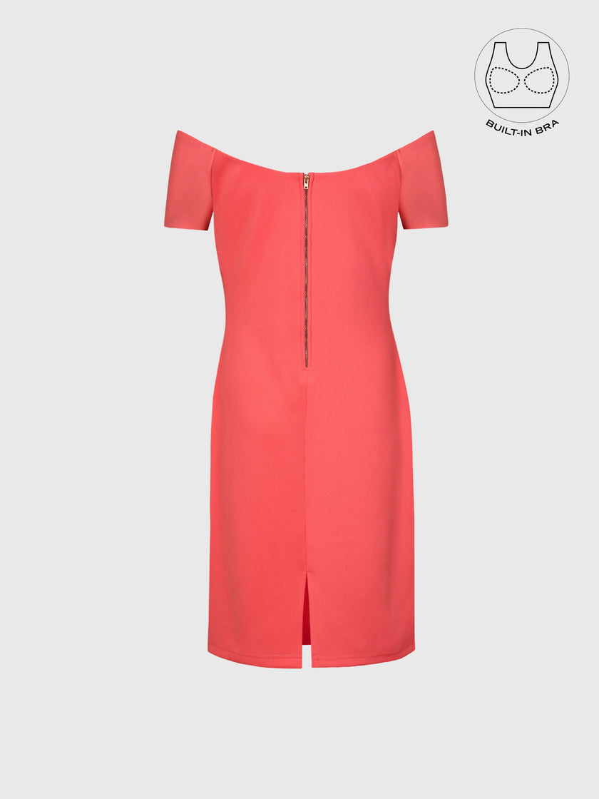 VARIE CORAL PINK BARDOT OFF-SHOULDER PARTY DRESS WITH INBUILT BRA