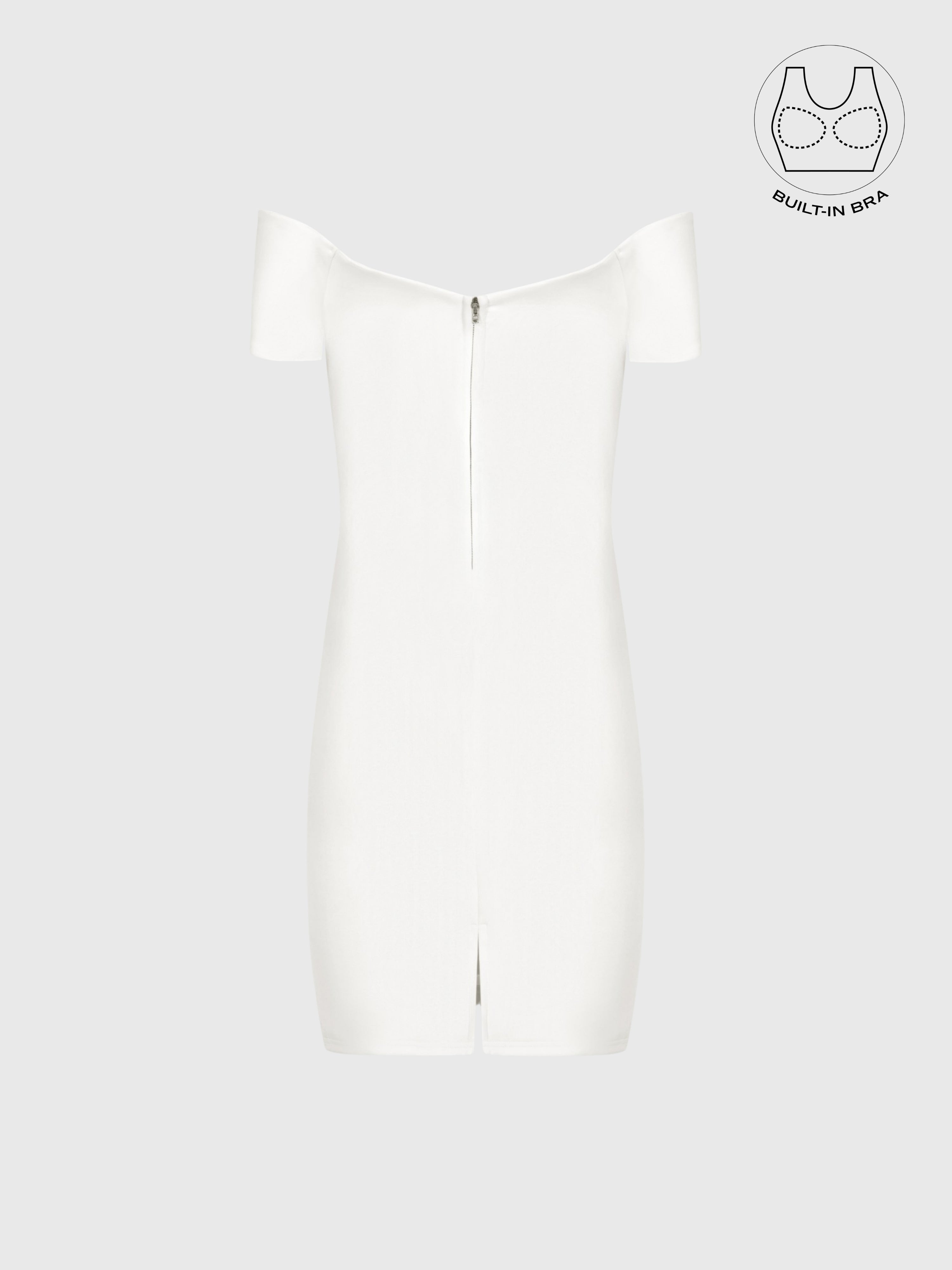 VARIE IVORY BARDOT OFF-SHOULDER PARTY DRESS WITH INBUILT BRA