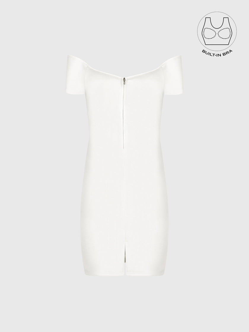VARIE IVORY BARDOT OFF-SHOULDER PARTY DRESS WITH INBUILT BRA