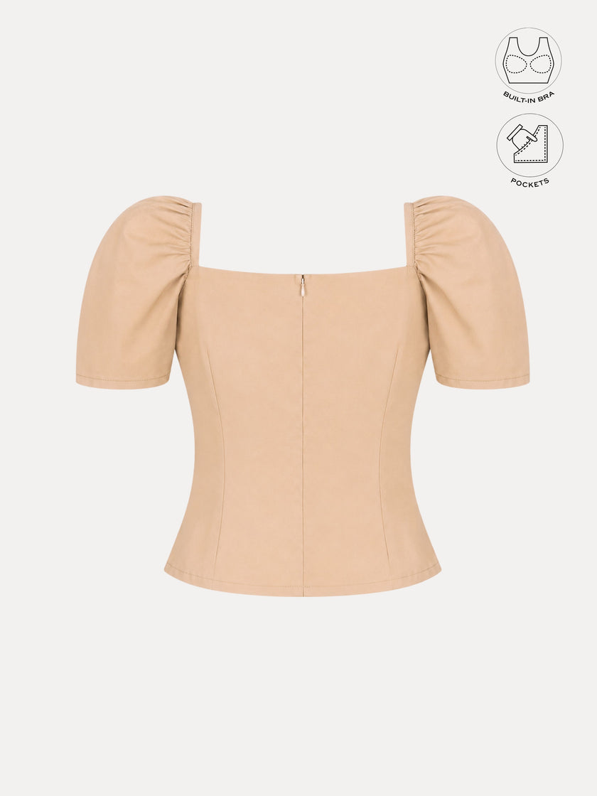 LEONIE BEIGE GATHERED SLEEVES BUTTON TOP WITH INBUILT BRA