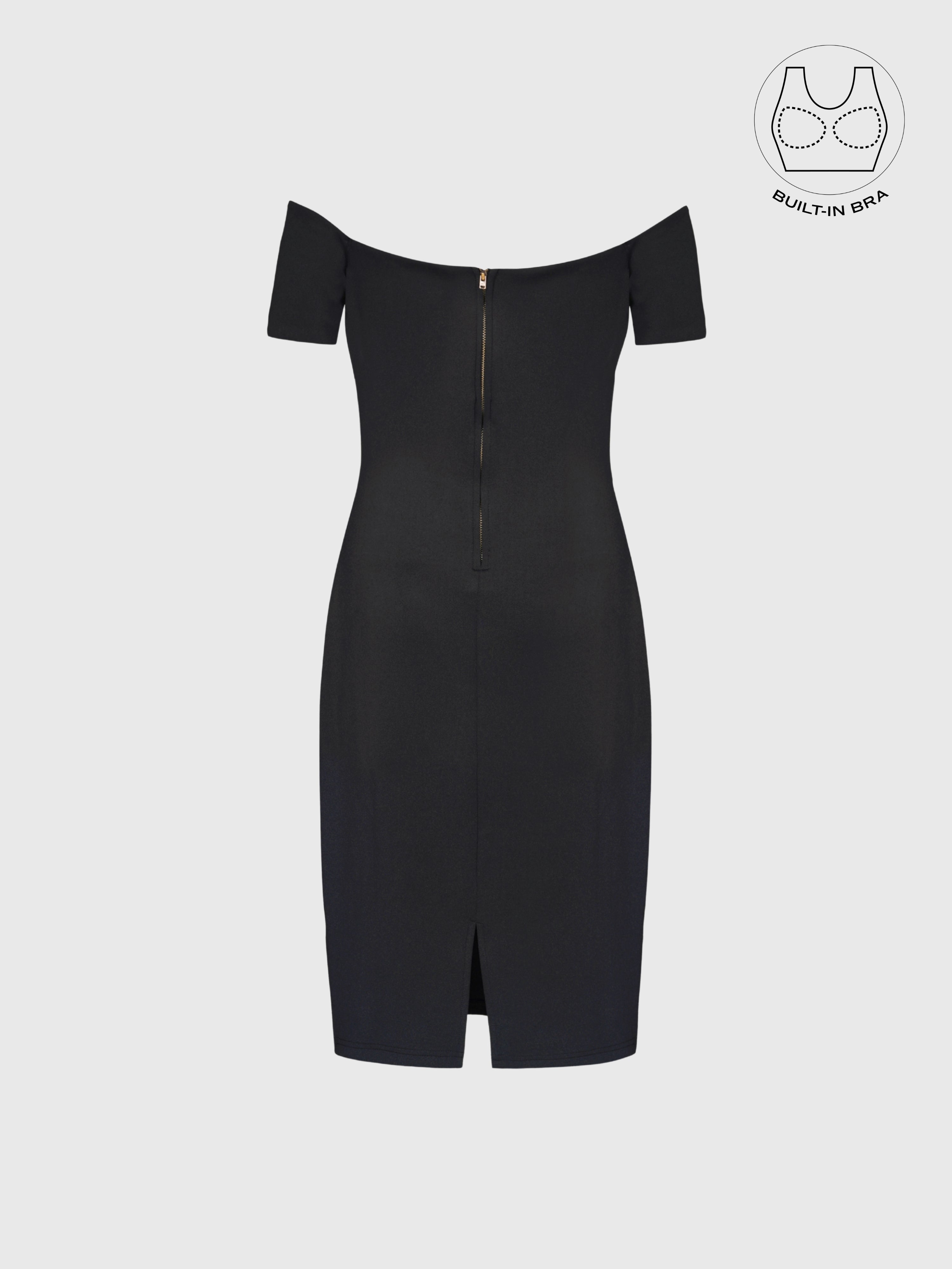 VARIE BLACK BARDOT OFF-SHOULDER PARTY DRESS WITH INBUILT BRA