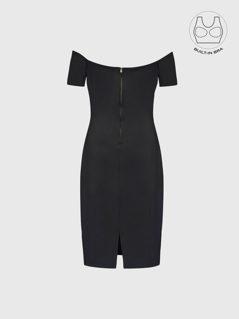 VARIE BLACK BARDOT OFF-SHOULDER PARTY DRESS WITH INBUILT BRA