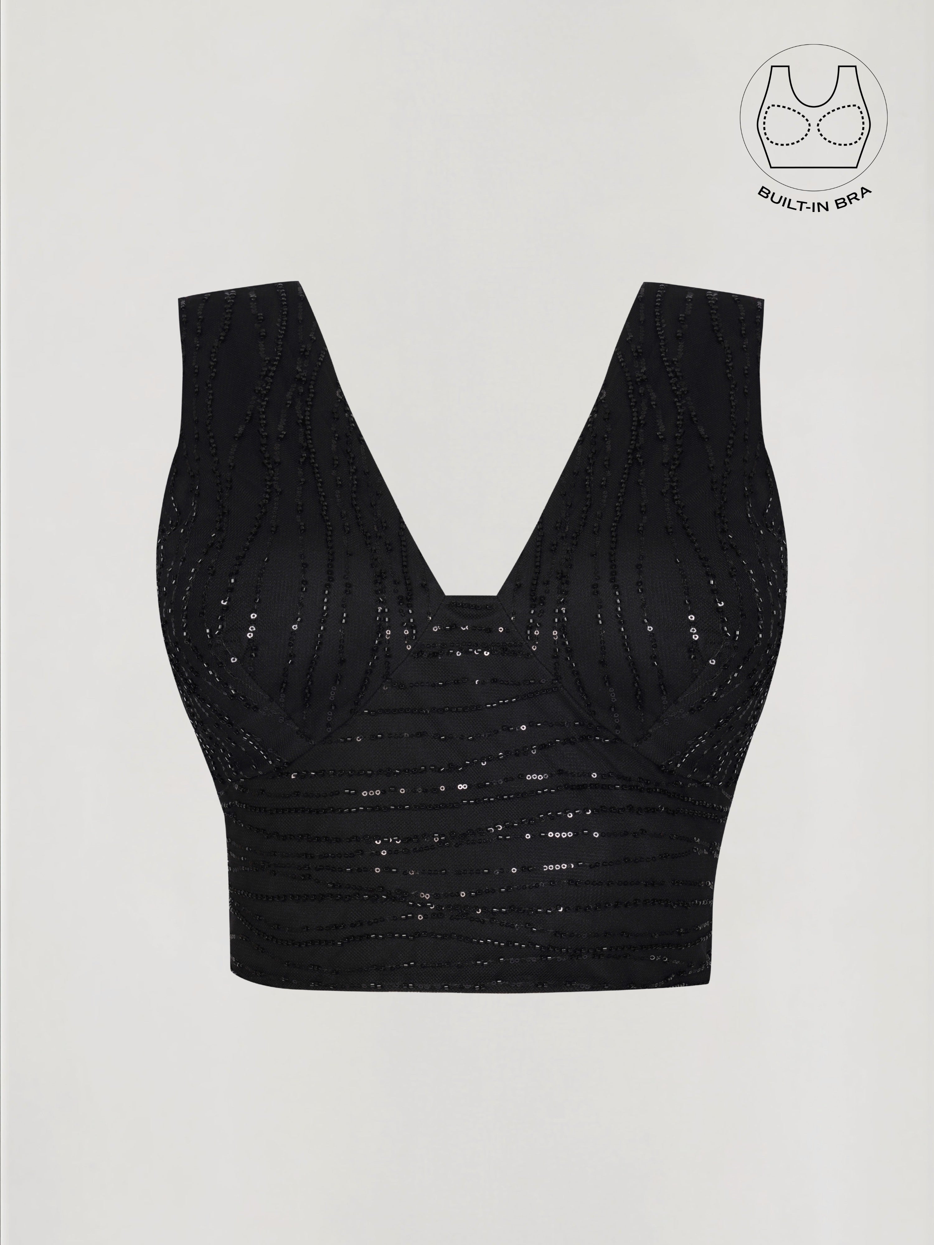 ASTRA BLACK BEADS & SEQUINS CROP TOP WITH INBUILT BRA