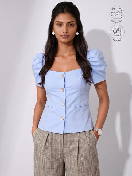 LEONIE ICE BLUE GATHERED SLEEVES BUTTON TOP WITH INBUILT BRA